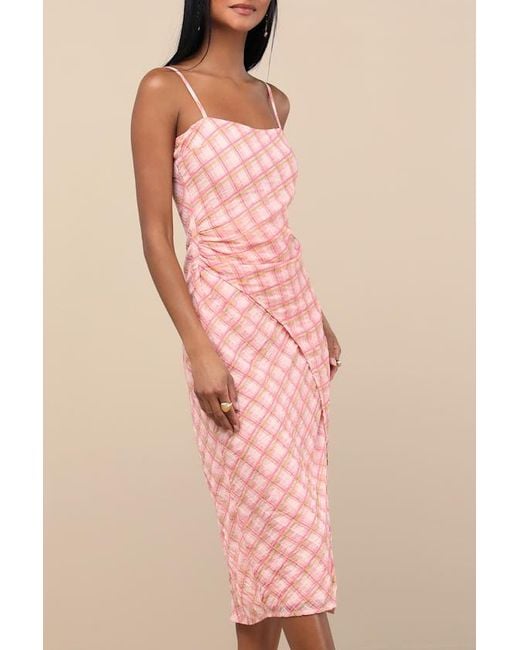 Lulus Pink Jenise Plaid Faux-Wrap Midi Dress