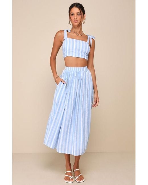 Lulus Blue Cheerful Season Striped Two-Piece Midi Dress With Pockets