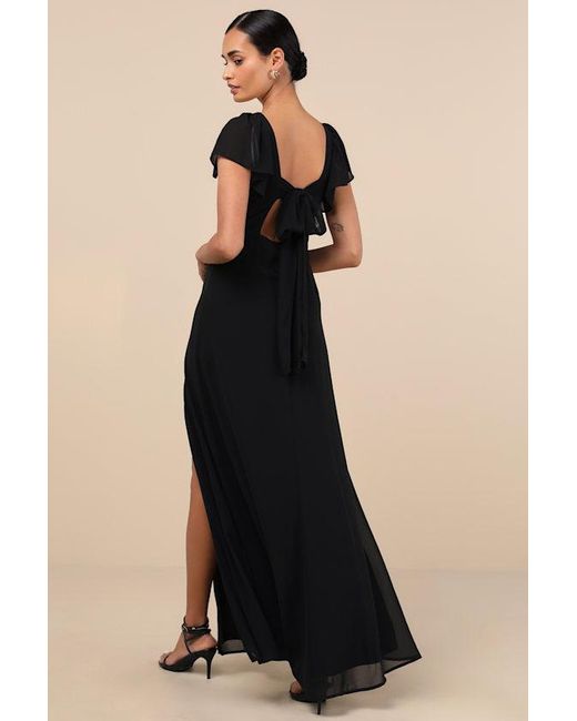 Lulus Black Simply Delightful Tie-Back Flutter Sleeve Maxi Dress