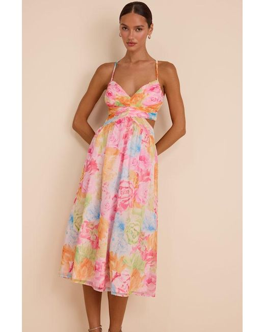 Lulus Pink Ettalie Multi Floral Lace-Up Midi Dress