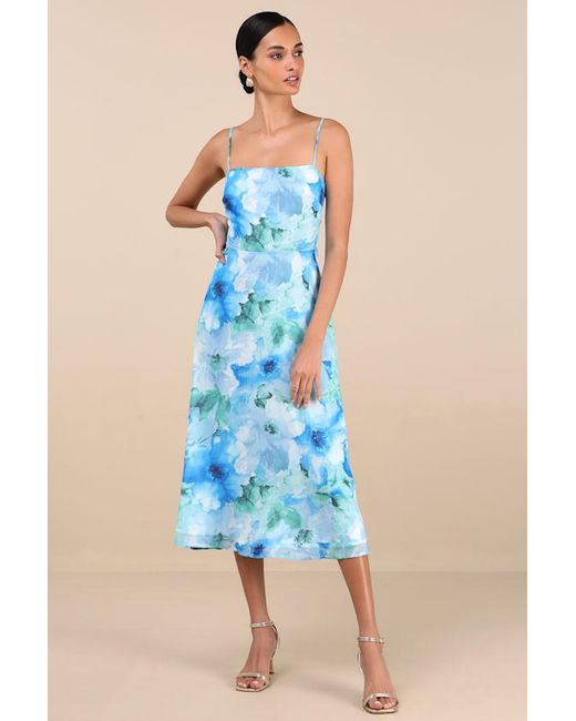 Lulus Blue Radiant Feelings Floral Chiffon Midi Dress