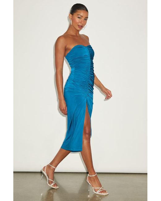 Lulus Blue Eliska Slinky Drawstring Ruched Strapless Midi Dress