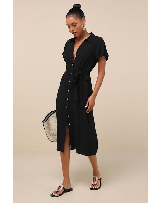 Lulus Black Italian Summer Linen Button-Up Short Sleeve Midi Dress