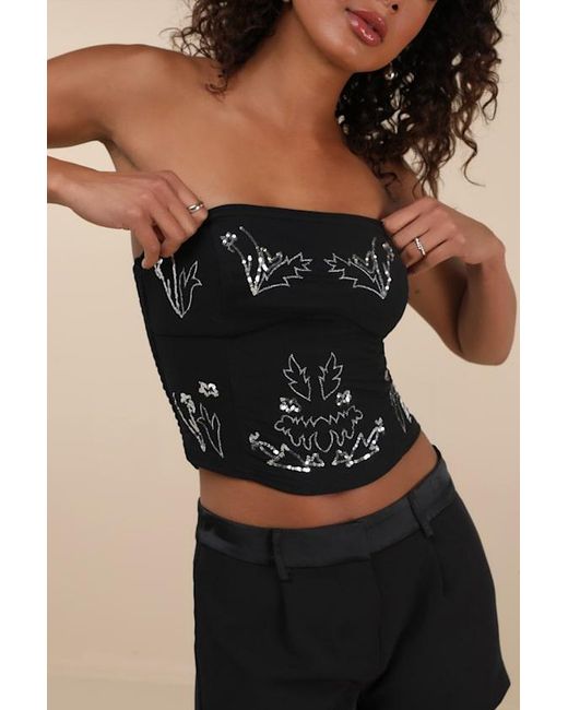 Lulus Black Suni Mesh Sequin Strapless Crop Top