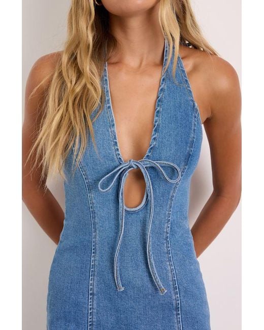 Lulus Blue Luce Medium Wash Denim Halter Mini Dress