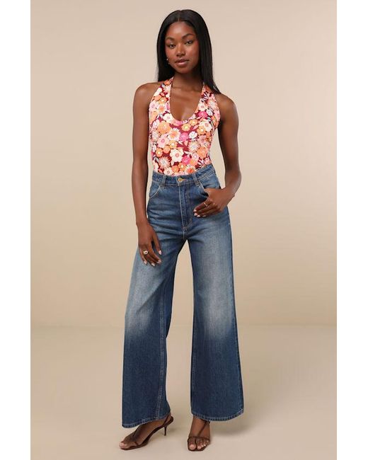 Lulus Orange Boldly Blooming Floral Print Halter Bodysuit