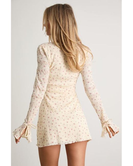 Lulus Ornella Cream Floral Textured Long Sleeve Mini Dress in Natural | Lyst