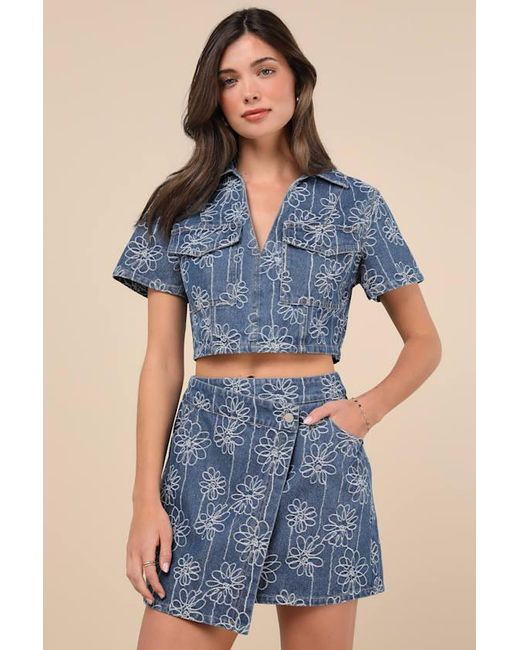 Lulus Blue Nicest Aura Medium Wash Embroidered Denim Two-Piece Dress