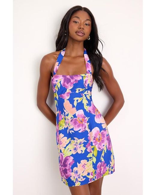 Lulus Blue Dory Multi Floral Halter Mini Dress