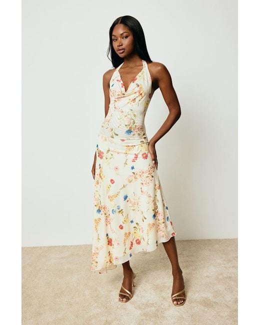 Lulus Natural Asa Cream Floral Halter Asymmetrical Midi Dress