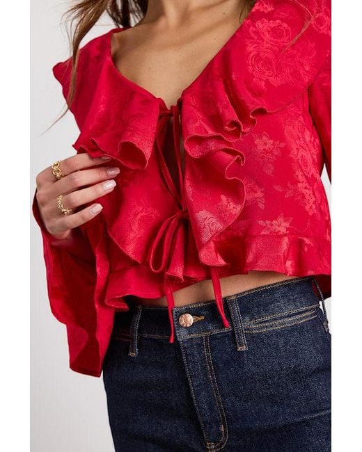 Lulus Red Esmina Jacquard Ruffled Tie-Front Top