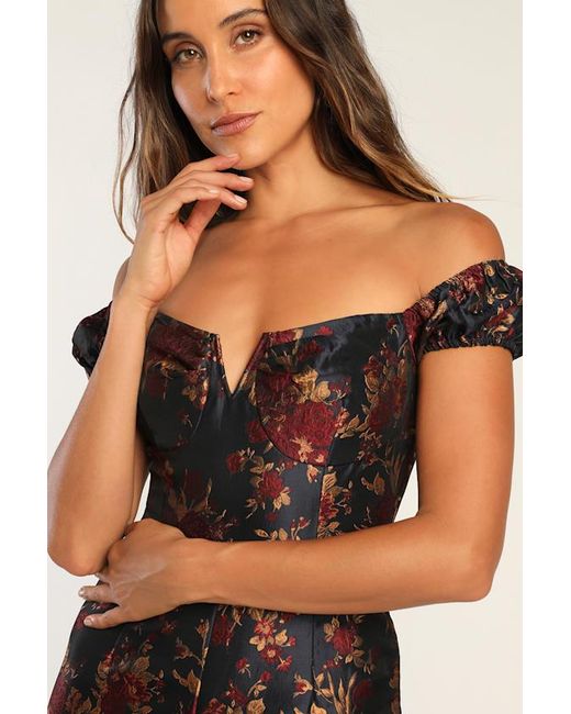 Lulus Blue New Glam Floral Jacquard Off-The-Shoulder Jumpsuit