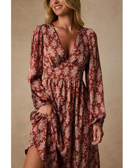 Lulus Brown Graceful Impression Floral Print Midi Dress