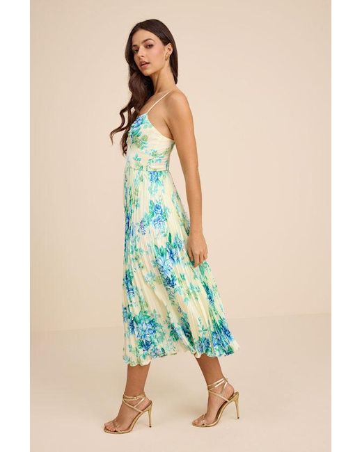 Lulus Blue Francette Floral Satin Pleated Midi Dress