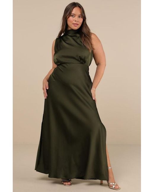 Lulus Green Classic Elegance Satin Sleeveless Mock Neck Maxi Dress