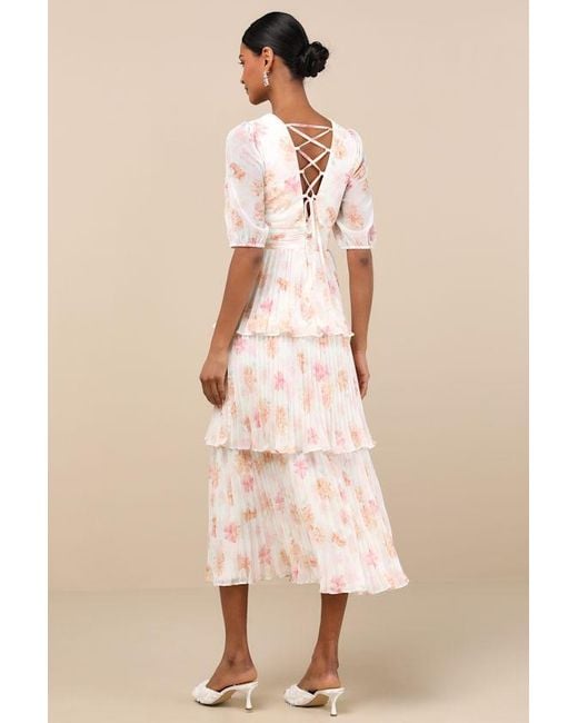 Lulus Natural Jadia Floral Pleated Tiered Midi Dress