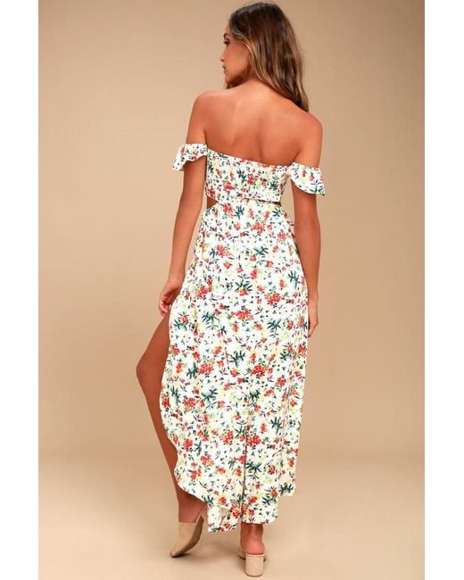 Lush Natural Easy On The Eyes Cream Floral Print Off-The-Shoulder Maxi Dress