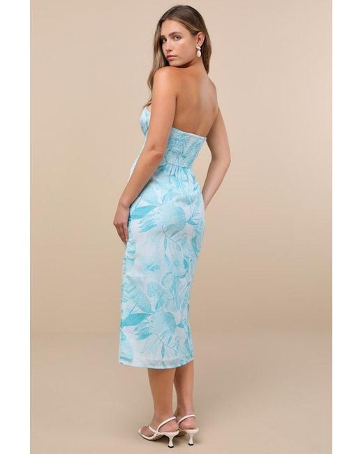 Lulus Blue Lyra Leaf Print Strapless Midi Dress