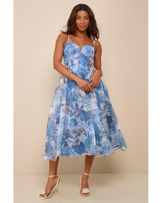 Lulus Blue Cherished Aura Multi Floral Organza Bustier Midi Dress