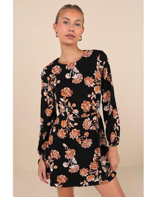 Lulus Black Darling Simplicity Floral Linen Cutout Mini Dress