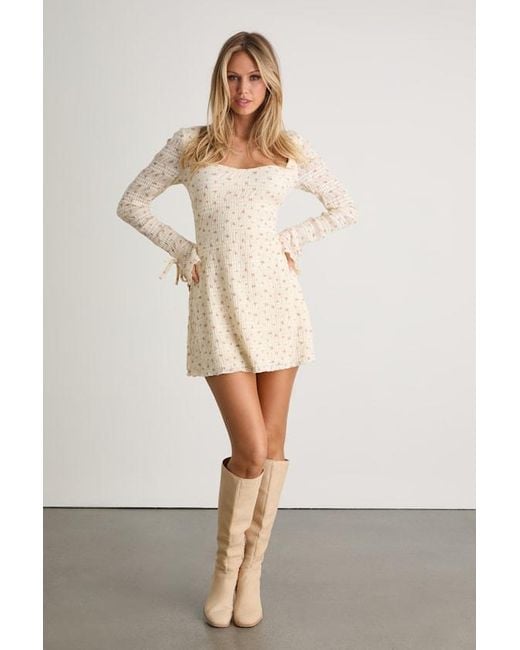 Lulus Natural Ornella Cream Floral Textured Long Sleeve Mini Dress