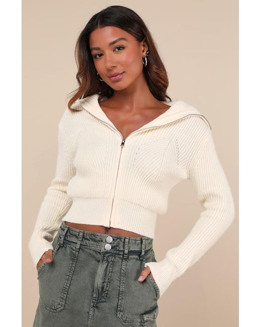 Lulus Natural Cozy Inclination Cropped Zip-Front Collared Sweater