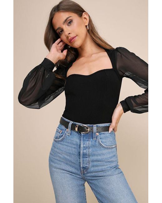 Lulus Blue Sensational Sweetheart Ribbed Balloon Sleeve Bodysuit