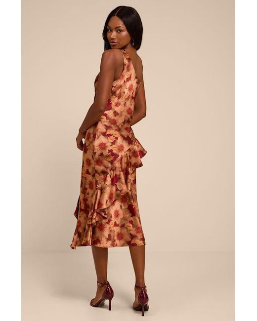 Lulus Natural Roxanne Rust Multi Floral Satin Asymmetrical Midi Dress