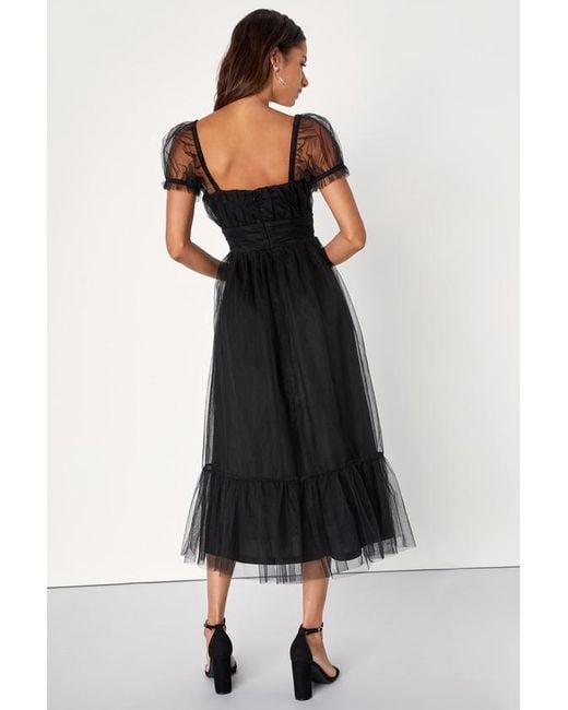 Lulus Black Flawless Aura Tulle Puff Sleeve Ruffled Midi Dress