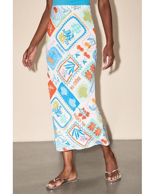 Lulus Blue Iria Multi Postcard Print Midi Skirt