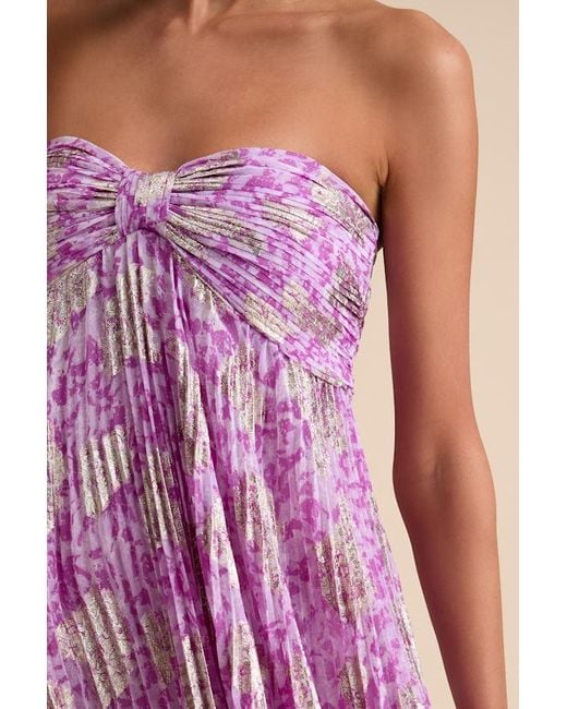 Lulus Purple Lynwen Abstract Pleated Strapless Maxi Dress