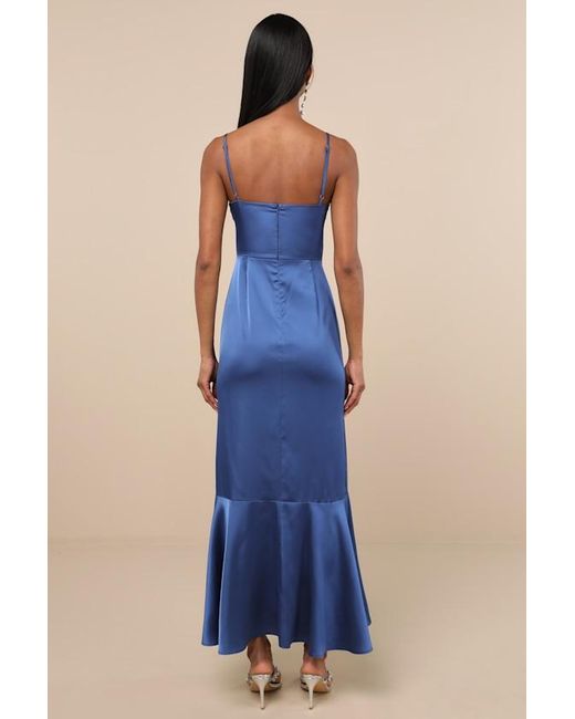 Lulus Blue Enchanted Moments Satin Ruffled High-Low Dress