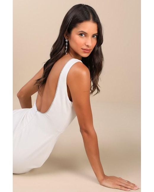 Lulus Natural Timeless Poise Rhinestone Square Neck Backless Maxi Dress
