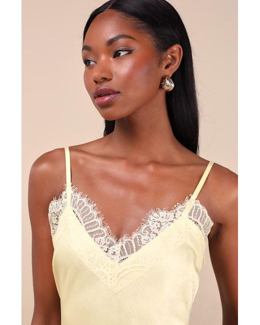 Lulus Natural Raenne Crinkle Satin Lace Midi Slip Dress