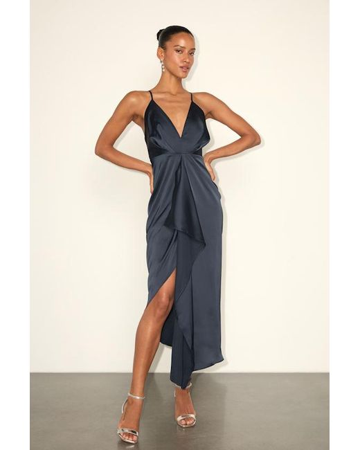 Lulus Blue Caught Feelings Satin Ruffled Midi Dress