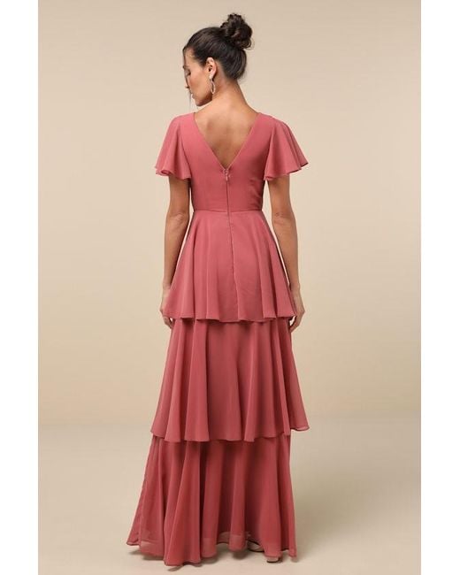 Lulus Sincerely Exquisite Rusty Rose Short Sleeve Tiered Maxi Dress