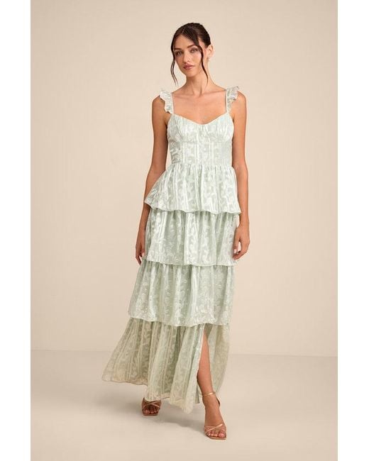 Lulus Natural Stunning Glory Sage Floral Jacquard Tiered Maxi Dress