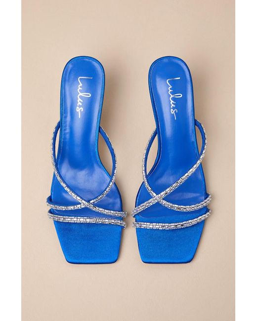 Lulus Blue Birdine Sapphire Satin Rhinestone High Heel Sandals