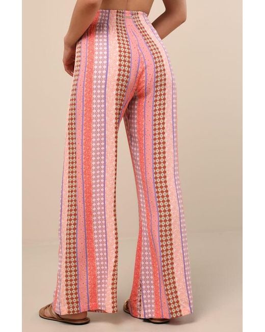 Billabong Pink Split Spirit Multi Boho Print Wide-Leg Slit-Front Pants