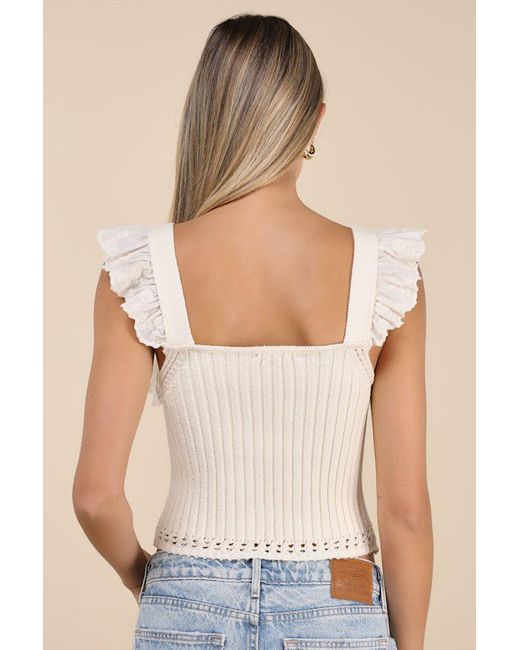 Lulus Blue Gioia Cream Ribbed Ruffled Cap Sleeve Top