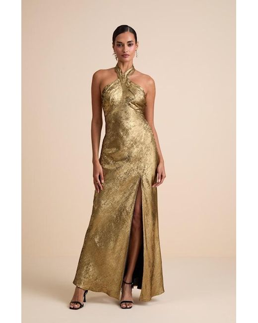 Lulus Natural Knoxley Shiny Lurex Cross-Front Halter Maxi Dress