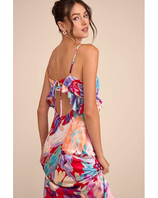 Lulus Red Augustina Multi Floral Satin Ruffled Midi Dress