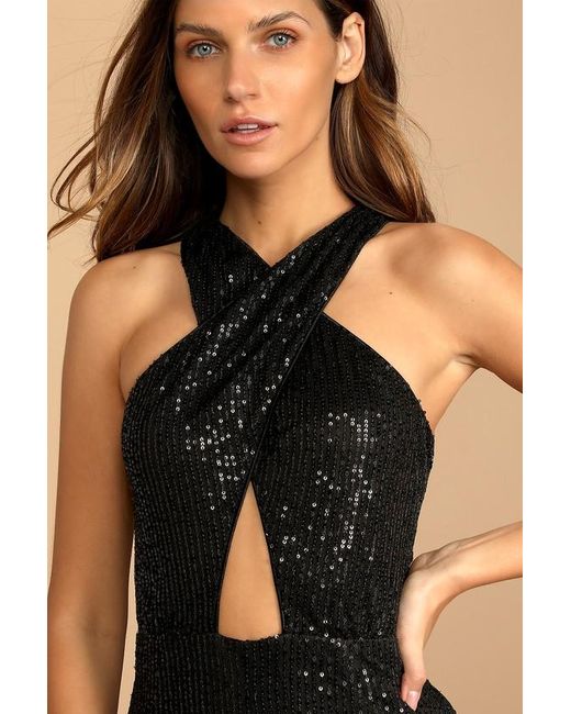 Lulus Black Shining Confidence Sequin Cutout Halter Wide-Leg Jumpsuit