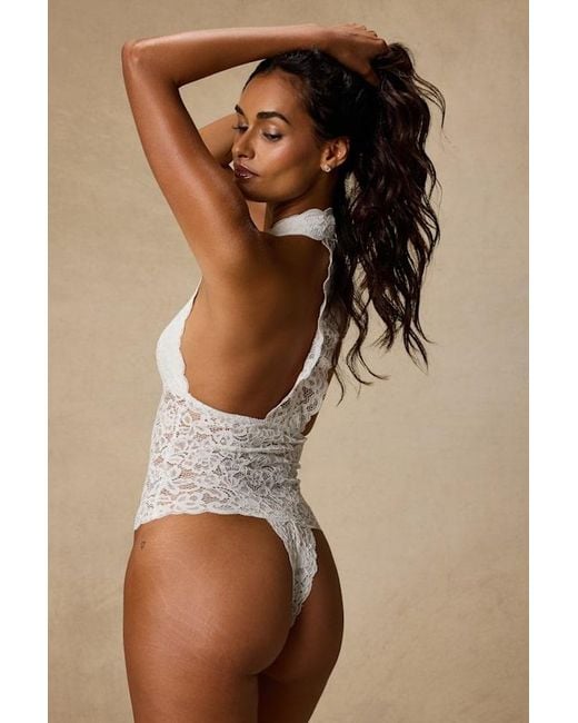 Lulus Brown Lara Sheer Lace Halter Bodysuit