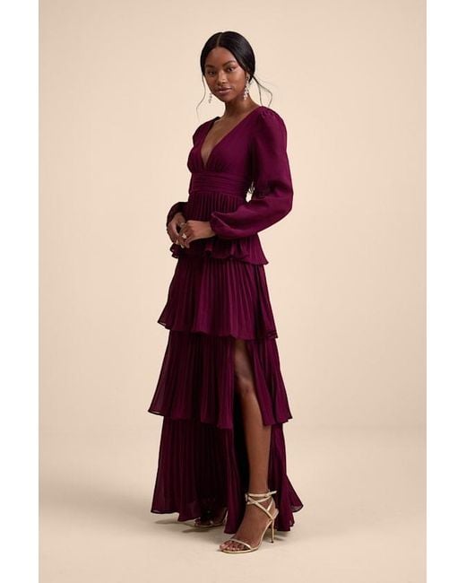 Lulus Purple Graceful Finesse Plum Pleated Long Sleeve Maxi Dress
