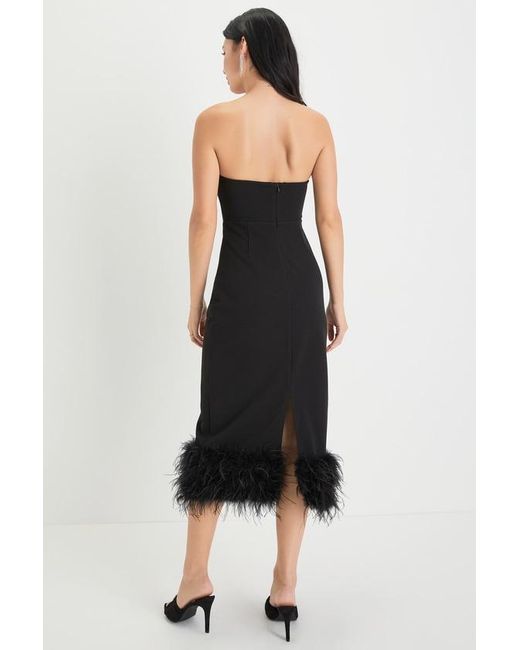 Lulus Black Fancy Behavior Bustier Strapless Feather Midi Dress