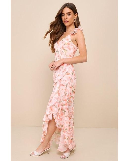 Lulus Pink Darling Glow Floral Ruffled High-Low Maxi Dress