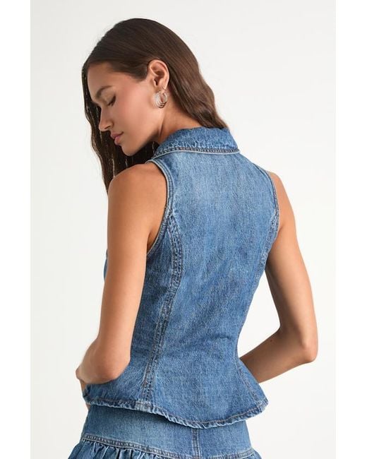 Blank NYC Blue Georgia Medium Wash Denim Peplum Vest Top