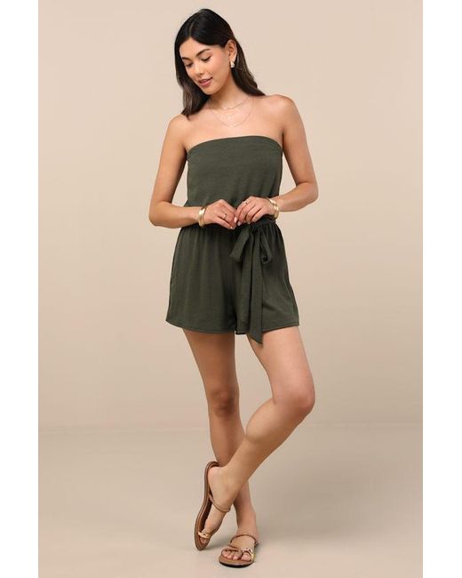 Lulus Green Leisurely Moments Dark Ribbed Knit Strapless Lounge Romper