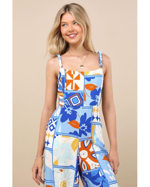 Lulus Blue Bold Extravagance Multi Print Sleeveless Wide-Leg Jumpsuit